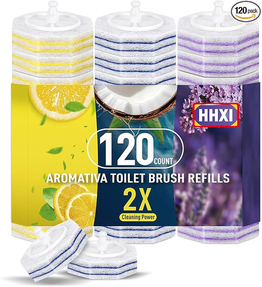 120Ct Aromative Toilet Brush Refills, Toilet Bowl Cleaner Refills, Double-Layer Cleaning Pads Added, Disposable Refill Heads for Toilet Bowl Cleaner Wands，Bulk （Patented）
