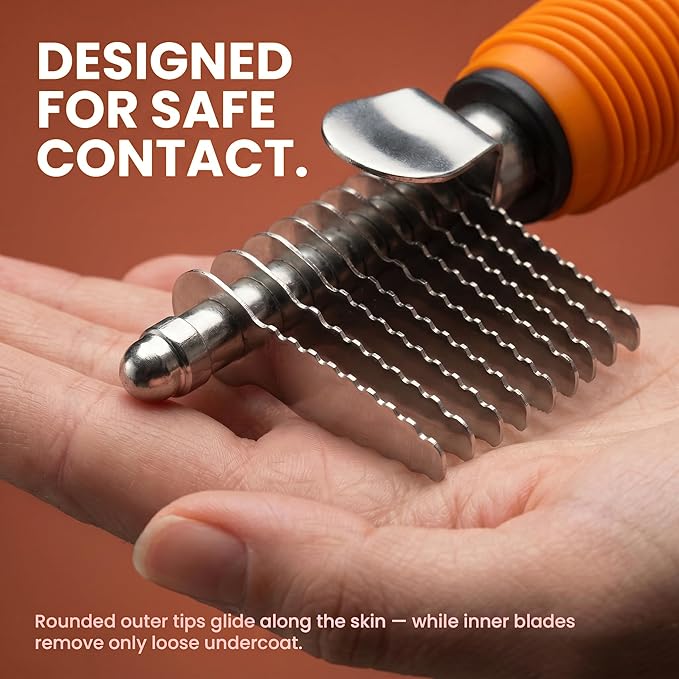 Poodle Dematting Fur Rake Comb Brush for Dogs and Cats - Long 2.5" Steel Safety Blades Metal Comb for Detangling Matted or Knotted Undercoat Hair (Orange)