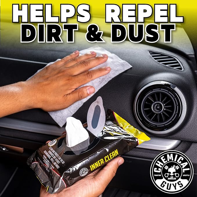 Chemical Guys InnerClean Interior Quick Detailer & Protectant Wipes – 50 Pack Multi Surface Interior Cleaner Wipes for Dashboards, Doors and Seats – Safe for Cars, Trucks, SUVs, RVs and Home Use