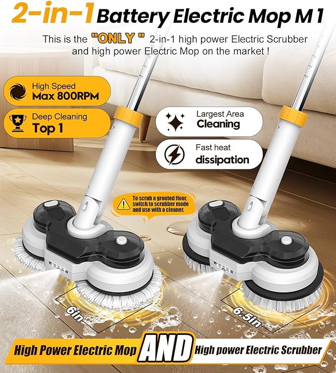 qimedo 800RPM Cordless Electric Mop, 6000mAh Battery Electric Power Scrubber & Mops for Floor Cleaning, Best Automatic Spin Mops with Smart Display,Rotating Mop with LED Light & Water Spray