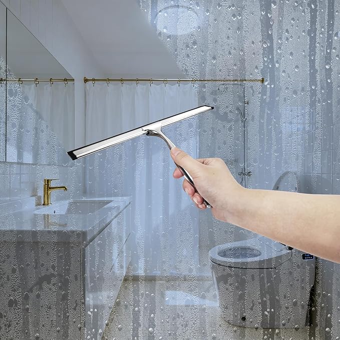 Squeegee for Shower Glass, 10-Inch Shower Squeegee for Glass Doors, All-Purpose Stainless Steel and TPR Rubber for Streak-Free Cleaning on Glass Shower Doors, Mirrors, Windows, Tile and Car Glass