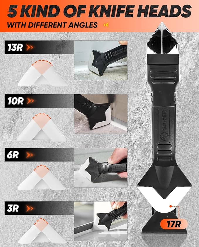Saker Silicone Caulking Tool 3-in-1 Grout Removal Tool and Sealant Finishing Scraper with Stainless Steelhead, Caulk Remover and Seam Repair Kit for Bathroom, Kitchen, Floor, Window and Sink Joints