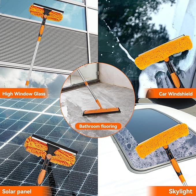 Window Cleaning Tools Window Squeegee: 2 in 1 Double-Sided Professional Cleaner Window Washing Kit with Extension Pole 20+ Ft Duster for High Ceilings Microfiber Scrubber for Indoor Outdoor High Glass