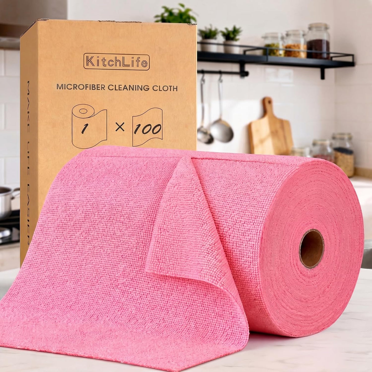 Microfiber Cleaning Cloth Roll, 100 Pack - Tear-Away Microfiber Paper Towels, Lint-Free, Reusable, Washable for Kitchen, Car, Dishes, and Sensitive Surfaces (Pink)