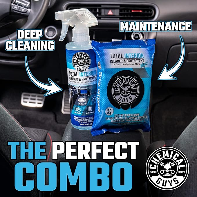 Chemical Guys Total Interior Cleaner & Protectant Wipes – 50 Pack Multi Surface Car Interior Cleaning Wipes for Dashboards, Doors and Seats – Safe for Trucks, SUVs, RVs and Home Use