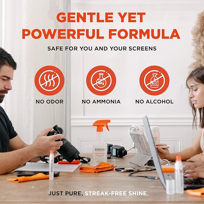 WHOOSH! Pro 16.9 fl oz Refillable TV Screen Cleaner & Microfiber Cloth - Streak-Free Cleaner for Flat Screens, OLED, LCD, Smart TV, Monitors - Non-Toxic, Odorless - Electronics Cleaning Kit