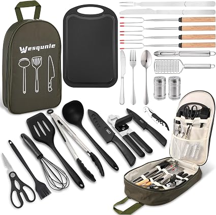 Wesqunie Camping Cookware Cooking Utensils Set - 25Pcs Camp Kitchen Essentials Kit, Portable Outdoor Camper Gear Accesso