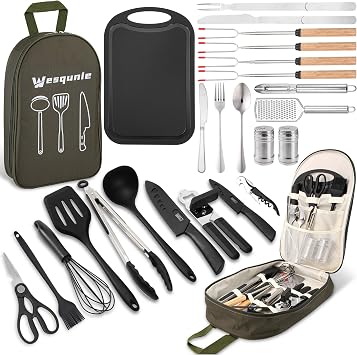 Wesqunie Camping Cookware Cooking Utensils Set - 25Pcs Camp Kitchen Essentials Kit, Portable Outdoor Camper Gear Accesso