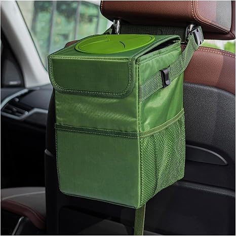 Kewucn Car Trash Can with Lid, Waterproof Mini Auto Garbage Can, Leak-Proof Vehicle Organizer and Storage Pockets, Hangi
