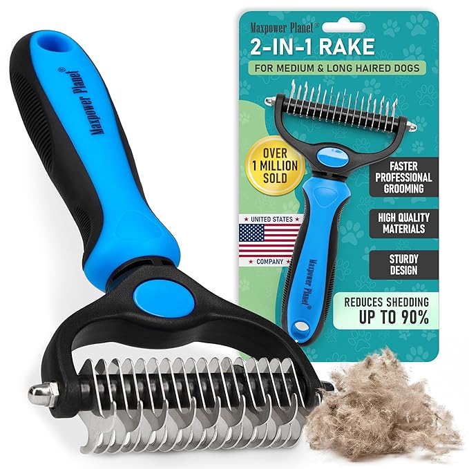 Maxpower Planet Original Pet Grooming Rake - Double-Sided Deshedding Dematting Tool, Undercoat Rake for Dogs & Cats, Extra-Wide Dog Grooming Brush & Deshedder Comb for Long Hair, Reduces Shedding 95%