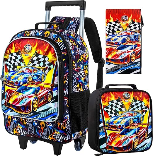 3PCS Rolling Backpack for Girls Boys, Kids Roller Wheeled Bookbag with Lunch Box, Backpacks with Wheels for Elementary