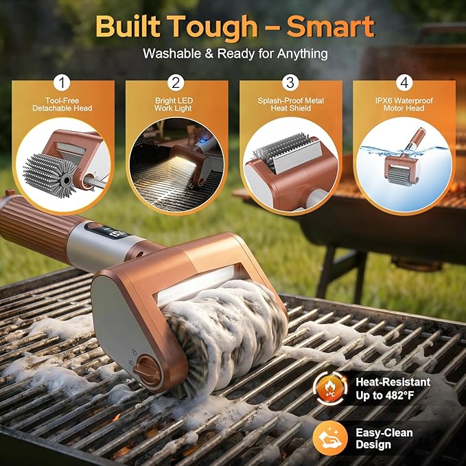 Electric Grill Brush for Outdoor, 2026 BBQ Grill Cleaner with Digital Display, Variable Speed Cordless Grill Brush, Waterproof & Replaceable Heads Grill Cleaning Brush for Barbecue Grates