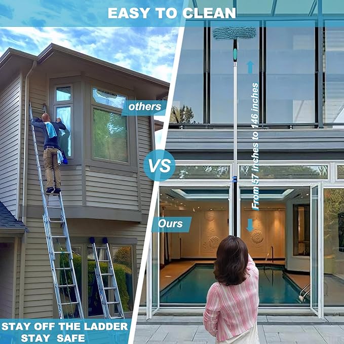 20 Ft+ Reach 2 In 1 Window Squeegee Duster with 5-to-12 Foot Extension Pole, Cleaner Tool with 3-Stage Telescoping Pole, Cleaning Kit with Rotatable Head - Chenille Cloth + Microfibre Cloths Head