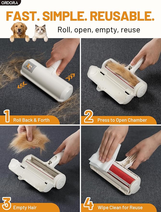 ORDORA Pet Hair Removal Tool: Reusable Lint Roller for Pet Hair - Portable Pet Hair Remover - Dog and Cat Hair Remover for Couch, Bedding, Car, Rugs & Furniture, Eco-Friendly, for Multi-Pet Homes