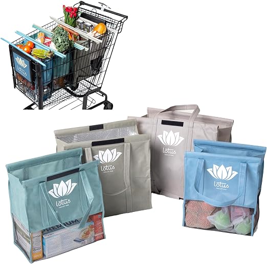 Lotus Earth Tone Trolley Reusable Shopping Bags (4-Pack) – Detachable & Reusable Grocery Bags Foldable with Insulated Gr