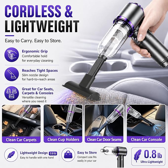 Cordless Handheld Car Vacuum, 21000Pa High Power Mini Portable Vacuum & Air Duster, Brushless Motor with HEPA Filter, 7-in-1 Cleaning Kit for Car, Home and Pet Hair