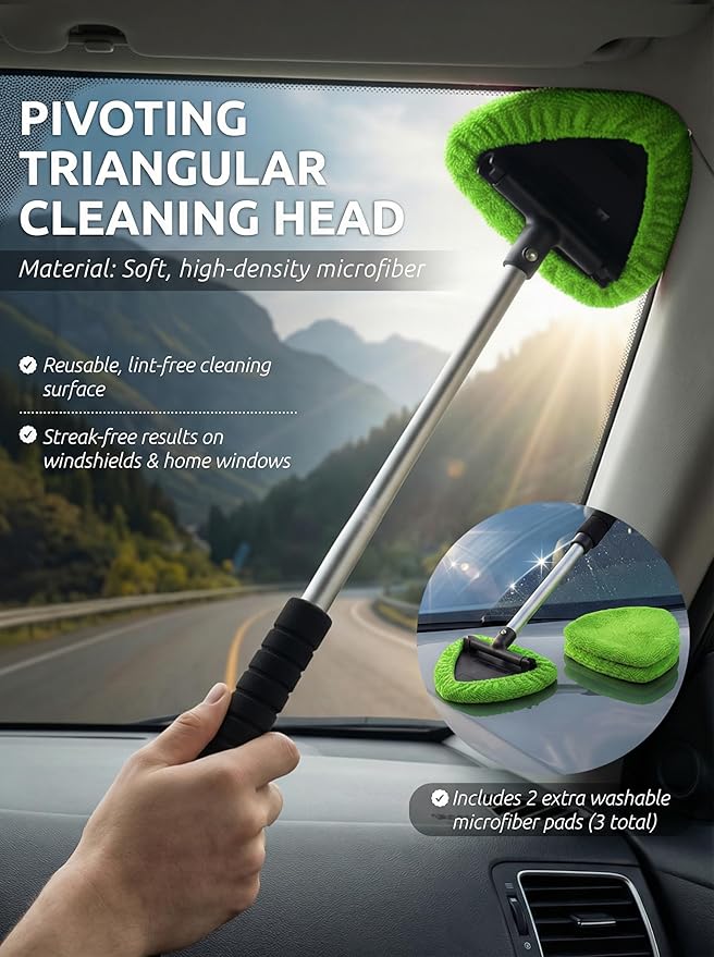 TAKAVU Car Window Cleaning Tool, Windshield Wiper Cleaner with Extendable Long-Reach Handle, 3 Washable Reusable Microfiber Bonnets, Car & Home Inside Interior Exterior Use - Lint Free (Green)
