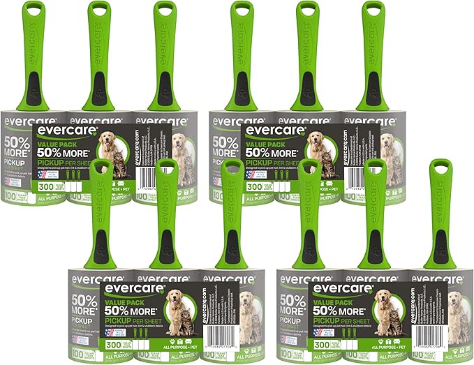 Evercare Pet Hair Lint Rollers All Purpose Use 100 Easy-Tear Sheets Per Roll Reusable Sticky Roller Pets Cat & Dog Hair Remover Contoured Handle for Furniture Clothing & Cars, Green (Pack of 12)