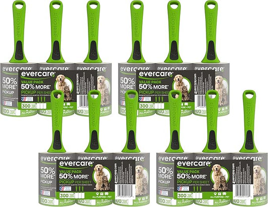 Evercare Pet Hair Lint Rollers All Purpose Use 100 Easy-Tear Sheets Per Roll Reusable Sticky Roller Pets Cat & Dog Hair Remover Contoured Handle for Furniture Clothing & Cars, Green (Pack of 12)
