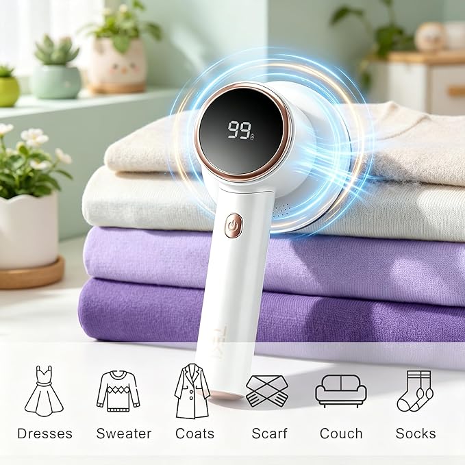 Fabric Shaver Lint Remover for Clothes with 2 Speeds, Digital Display, 6 Leaf Blades, USB Rechargeable Sweater Defuzzer to Remove Pilling Fuzz Ball for Furniture, Couch, Coat.White