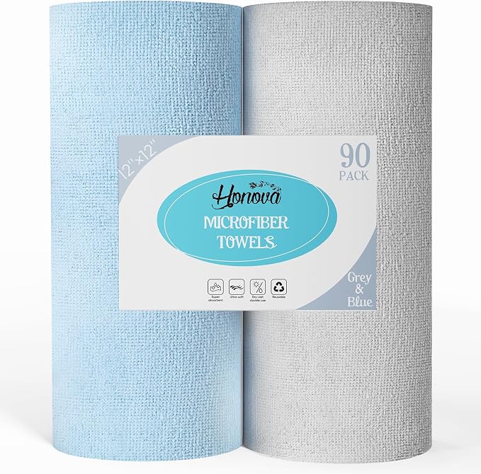 Microfiber Cleaning Cloth Roll 90 Pack, 12"×12", Tear Away, Blue & Grey