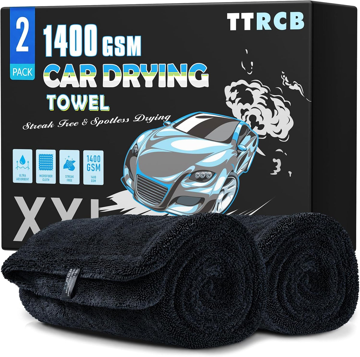 2 Pack Car Drying Towels, 48" x 24" Extra Large Microfiber Towels for Cars, Ultra-Absorbent 70/30 Blend, 1400 GSM, Streak Free, Twisted-Loop Drying Towels Car Detailing for SUV, RV, Truck