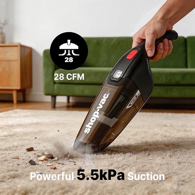 Shop-Vac Wet/Dry Handheld Vacuum Cordless, Powerful Portable Car Vacuum Rechargeable, Wall-Mounted Hand Vac with Crevice Tool, Lightweight Hand Vacuum for Home & Car, Washable Filter, Black