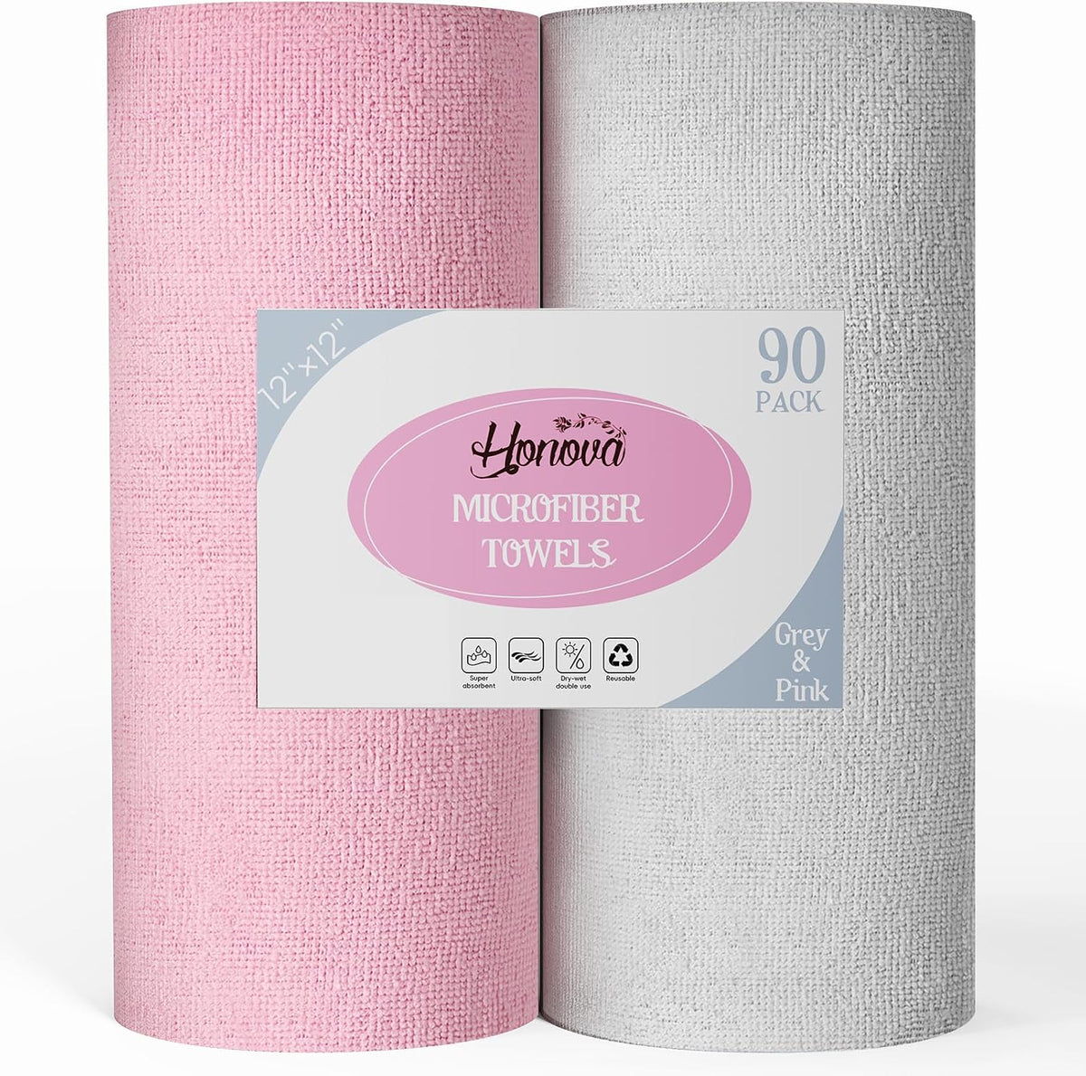 Microfiber Cleaning Cloth Roll 90 Pack, 12"×12", Reusable, Pink & Grey