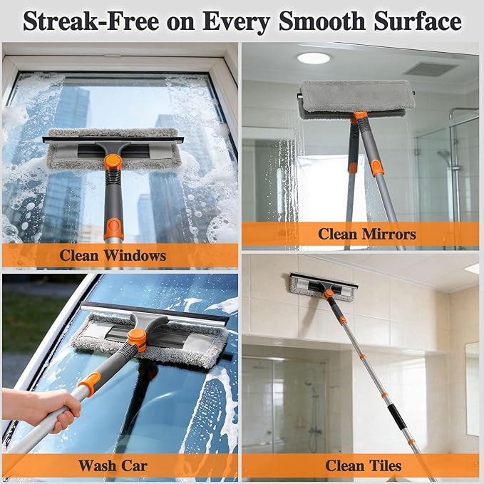 MASTERTOP 64”Window Squeegee with Extension Pole, 2-in-1 Professional Window Glass Cleaner Tool,Microfiber Cloth Window Washer Tool, Home Window Squeegee for Glass, Tile, Mirror