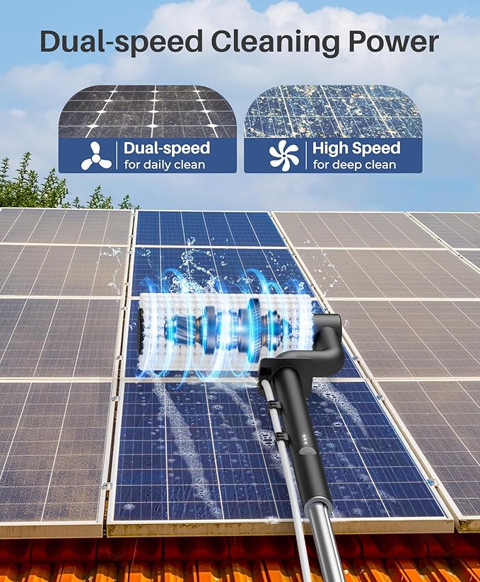 LyriFine Electric Solar Panel Cleaning Brush and Pole Kit, 20Ft Extendable Washing Kit with Water Fed Pole, 2 Speed & Soap Dispenser, Outdoor Window Cleaning Tool for Solar Panel, Window, Roof, RV