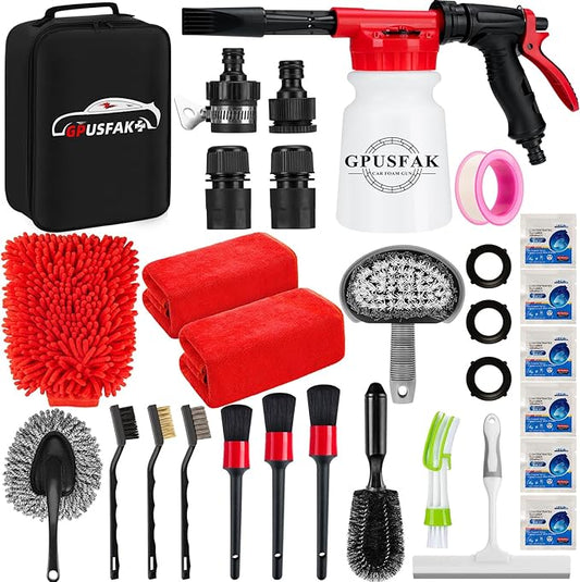 26Pcs Car Wash Cleaning Kit with Foam Gun Sprayer Detailing Brushes Window Water Scraper Tire Brush Towels Complete Interior Exterior Detailing Set for Car