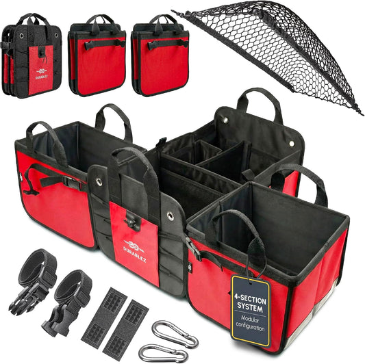 Extra Large Car Trunk Organizer - Trunk Storage - Modular Detachable Configurable Collapsible - for SUV Minivan Truck Sedan Van - 4 Compartment XXL, Red