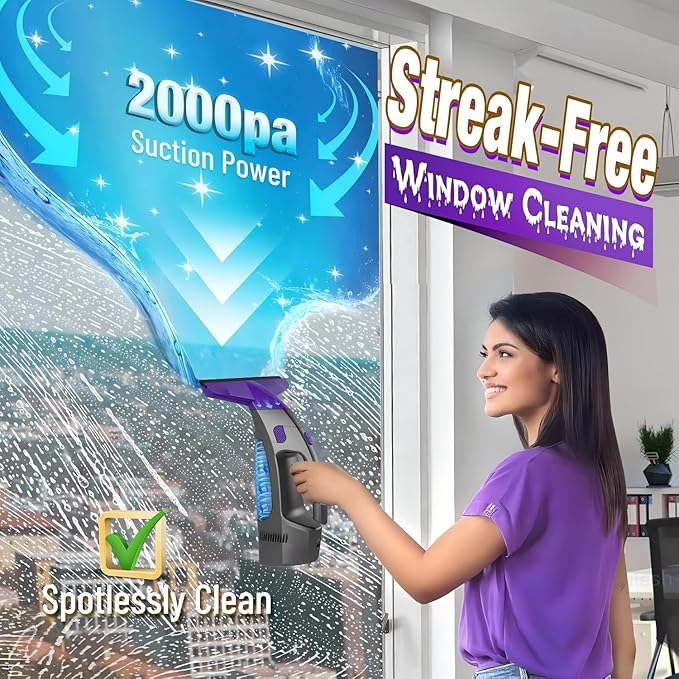 Window Vacuum Squeegee Cordless, 2000Pa Electric Window Cleaner with Power Blade, Vacuum Squeegee for Window Cleaning, Streak-Free Window Vacuum with 360ml Spray Bottle for Windows, Mirrors, Tiles