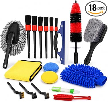 18-Piece Car Detailing Kit – Complete Car Interior Detailing Kit and Exterior Cleaning Set with Detail Brushes, Wire Bru