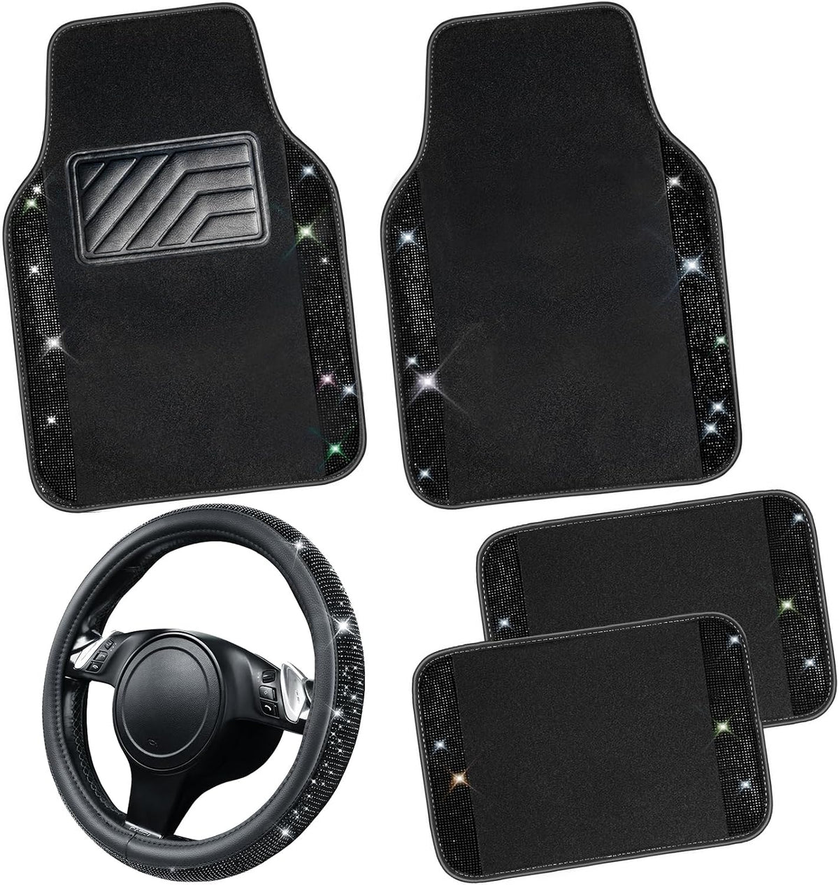 Bling Diamond Leather Steering Wheel Cover 14.5in-15in Floor Mats Shining Rhinestone Carpet Sparkly Glitter Crystal Anti-Slip Pad Fit Automotive SUV Pickup Truck Girl Women, 5pcs Black