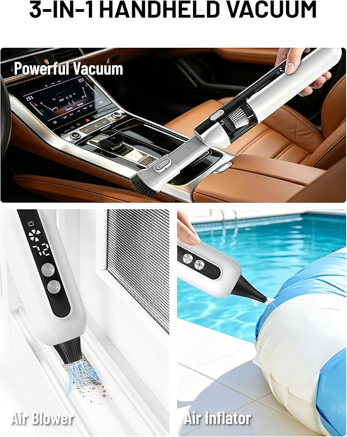 Handheld Cordless Car Vacuum Cleaner 15000Pa, 3-in-1 Portable Vacuum with LED Display & HEPA Filter,USB-C Rechargeable, up to 30-Min Runtime for Car, Home, Desk & Pet Hair(White)