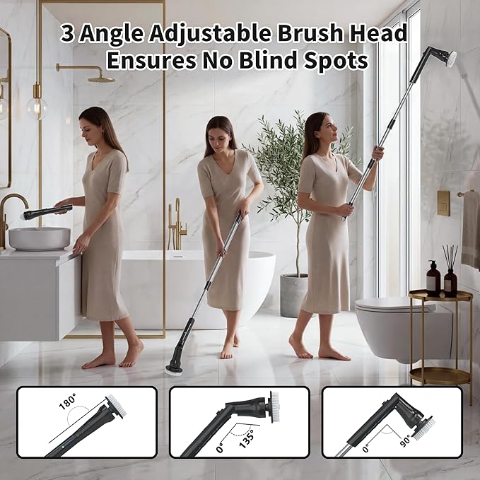 Hillyfe Black Electric Spin Scrubber, Cordless Shower Scrubber with Long Handle, Power Tub & Floor Scrubber, Shower Cleaner Brush for Bathroom, Grout and Tile, 7 Heads, IPX7 Waterproof