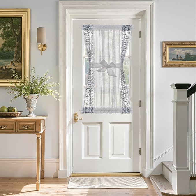 jinchan French Door Curtain Privacy Boho Embroidered Semi Sheer Voile Front Curtain for Window Doorway Closet, Door Panel with Tieback Rod Pocket 1 Panel (Blue on White, 55W x 40L Inch)