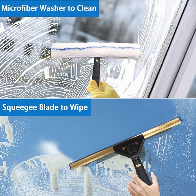 Window Cleaning Kit with Storage Bucket,Window Washing Kit with 4.13Ft Extension Pole,Scrubber,Spray Bottle,Duster Cloth,Squeegee with Rotating Head,Professional Window Cleaning Squeegee Kit