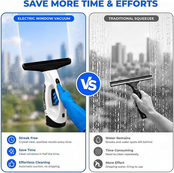 Window Vacuum Squeegee Cordless, Electric Window Cleaner Squeegee with 2000Pa Suction, 280mm Wide Blade, 150ml Tank for Shower Glass, Mirrors, Tiles & Car Windows