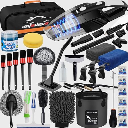 41Pcs Car Cleaning Wash Kit Interior Detailing Cleaner Kit with High Power Handheld Vacuum, Collapsible Bucket, Windshie