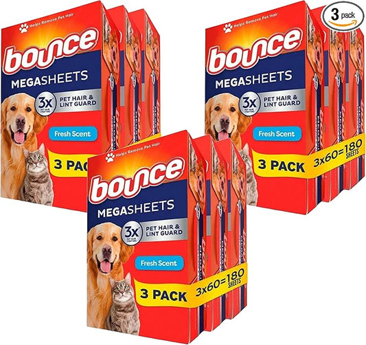 Bounce Pet Hair and Lint Guard Fabric Softener Dryer Sheets | Fresh Scent | 3X Pet Hair Fighters | Mega Sheets | 180 Count, Pack of 3