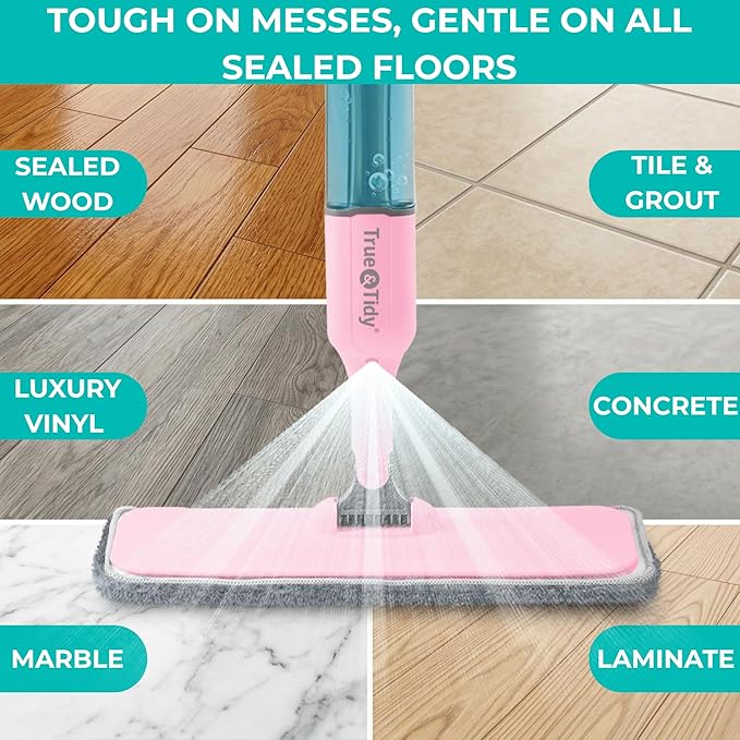 True & Tidy® 2pc Microfiber Mop Pad Refill for SPRAY-250 Multi-Surface Spray Mop with 490ml Refillable Water Bottle for Floor Cleaning