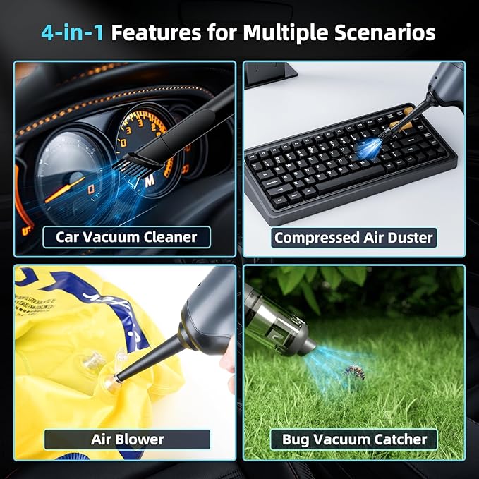 Car Vacuum Cleaner&Air Duster | 80W | 16kpa | 12KRPM | 20 Mins-Dust Cleaner Portable Cordless Vacuum Pro-Compressed Air Blower,Lightweight Rechargeable Handheld Mini Vacuum for Car/Home/Office