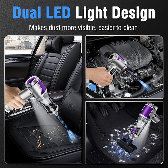 Handheld Car Vacuum Portable Cordless, Hand held Vacuum Cleaner & 22000 Pa High-Power Suction Air Duster for Car Cleaning, Home, Office, Pet Hair | Multi-Nozzle, Washable Filter, LED Light