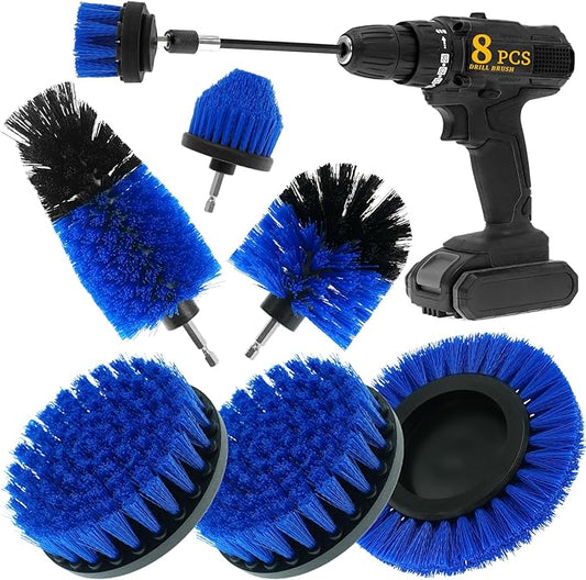 8 Pcs Drill Brush Attachment Set, Power Cleaning Scrub Brush Kit with Extend Long Attachment, All Purpose Drill Scrub Brushes for Car, Grout, Floor, Tub, Bathroom and Kitchen (Blue)