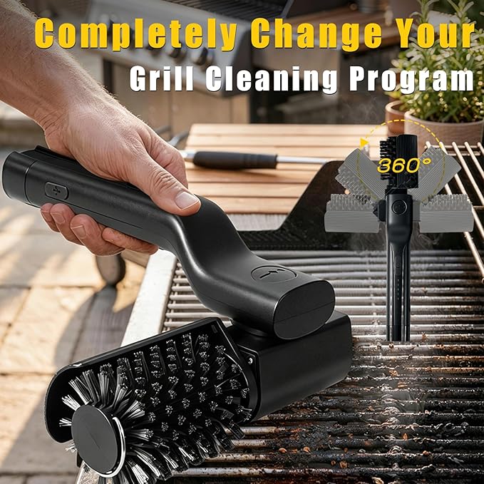 Electric Grill Brush, Cordless Rechargeable BBQ Cleaning Brush, 180° Adjustable Power Scrubber, 2-Speed Waterproof Grill Cleaner with Replaceable Brush Heads for BBQ Grates & Outdoor Cooking