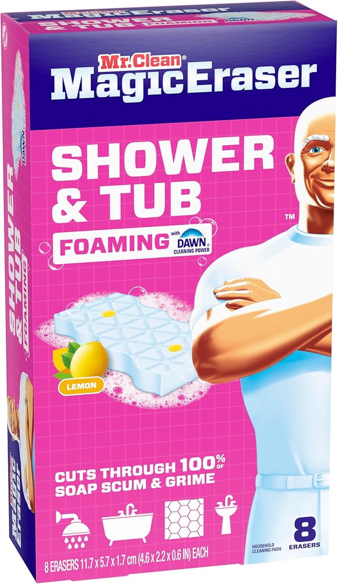 Mr. Clean Magic Eraser Sponge, Bathroom, Shower, Tub Cleaner, Soap Scum Remover, Bathroom Cleaning Supplies, Dawn Cleaning Power with Lemon Scent, Shower & Tub, 8 Count (Pack of 4)