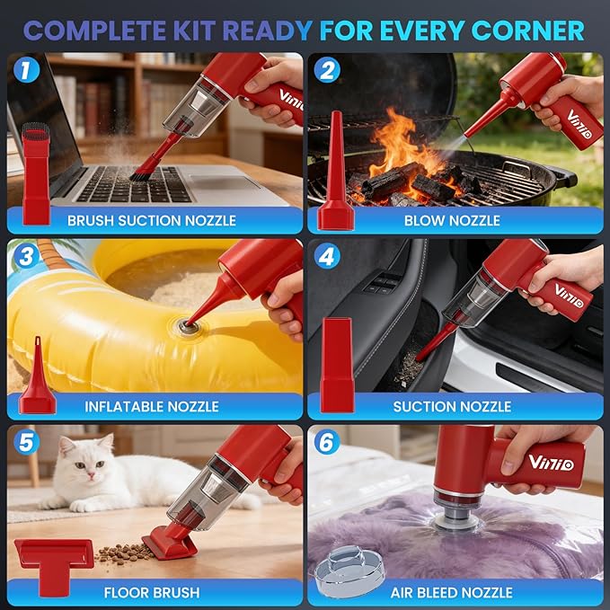 Vinid 8000mAh Cordless Car Vacuum Cleaner, 80W High Power Handheld Vacuum with Strong Suction, Portable Air Duster/Blower, Type-C Fast Charging for Car, Home, Office Desk, Pet Hair, Red