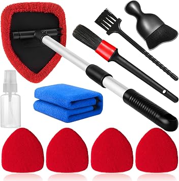 Qydipclin 10pcs Windshield Cleaning Tool Inside Car Window Cleaner Wash Kit with 4 Reusable Microfiber Pads 1 Spray Bott